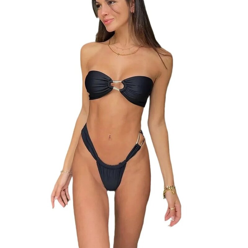 2024 New Bikini Low Waist Sexy Bikini Solid Color European and American Split Women's Swimsuit Swimwear Women
