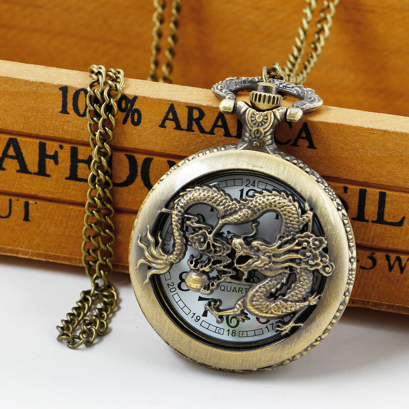 Chinoiserie 3D rzeźbiony smok z ażurową dekoracją kwarcowy zegarki kieszonkowe kolekcja męskie staromodny zegar z łańcuchem Dropshipping
