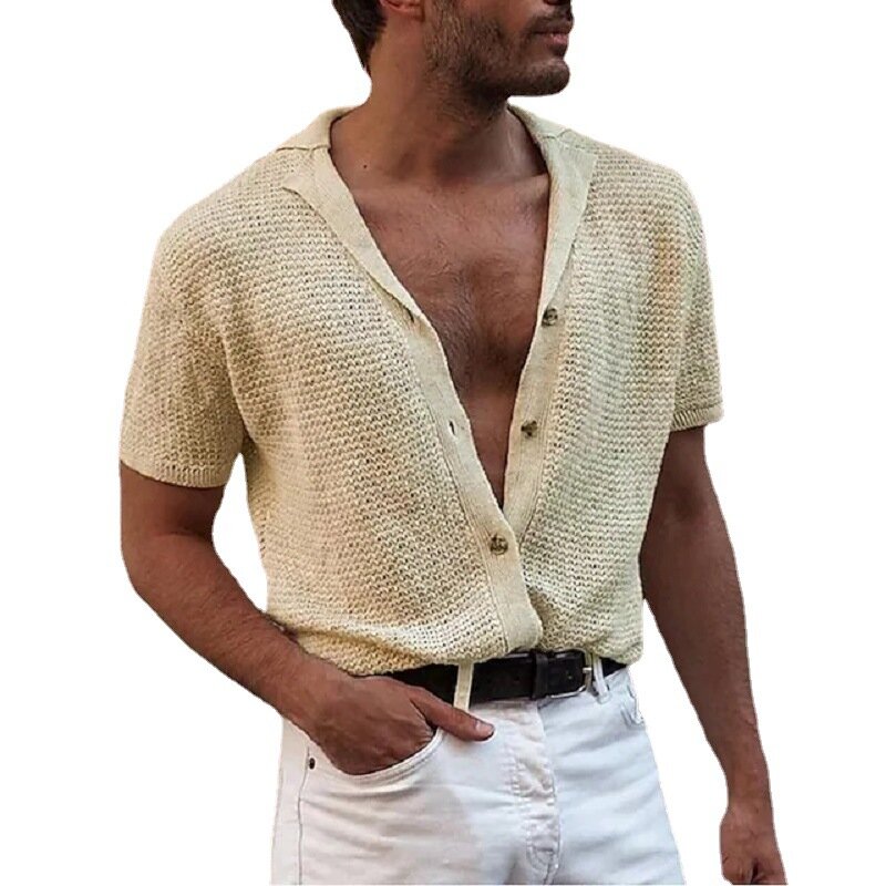 Suéter informal de manga corta para hombre, cárdigan de punto de un solo pecho, con solapa, a la moda