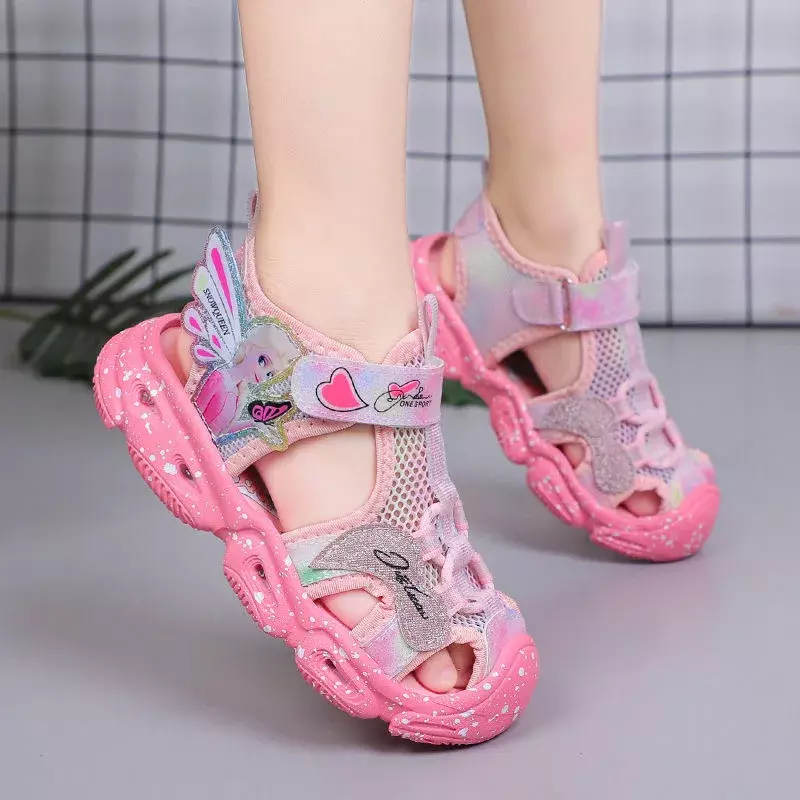 Scarpe per bambini Disney estate elsa ragazze sandali con punta a rete scarpe da spiaggia moda ins sandali con luce a led con fondo morbido principessa congelata