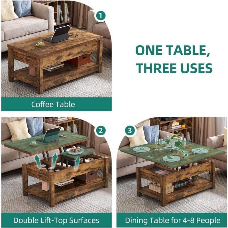 Lift Top Coffee Table, Mesas de café multifuncionais 3 em 1 com armazenamento para sala de estar, marrom rústico