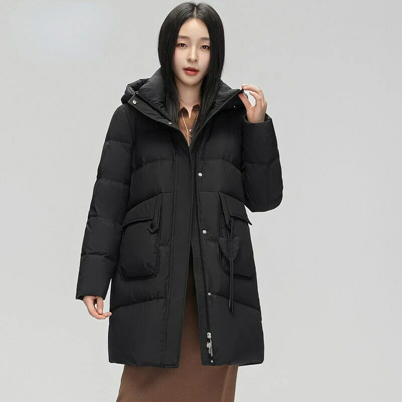 2023 여성용 다운 재킷, 중간 길이 버전 파카, 루즈하고 두꺼운 따뜻한 외투, 후드 레저 타임 오버코트, 겨울 코트, 신상