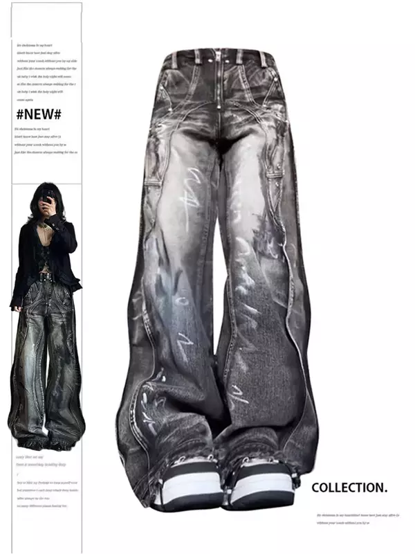 Jeans vintage Graffiti denim feminino, calças grandes de cowboy, streetwear Harajuku, calças da moda, estética folgada, Emo dos anos 2000, Y2k, 2024