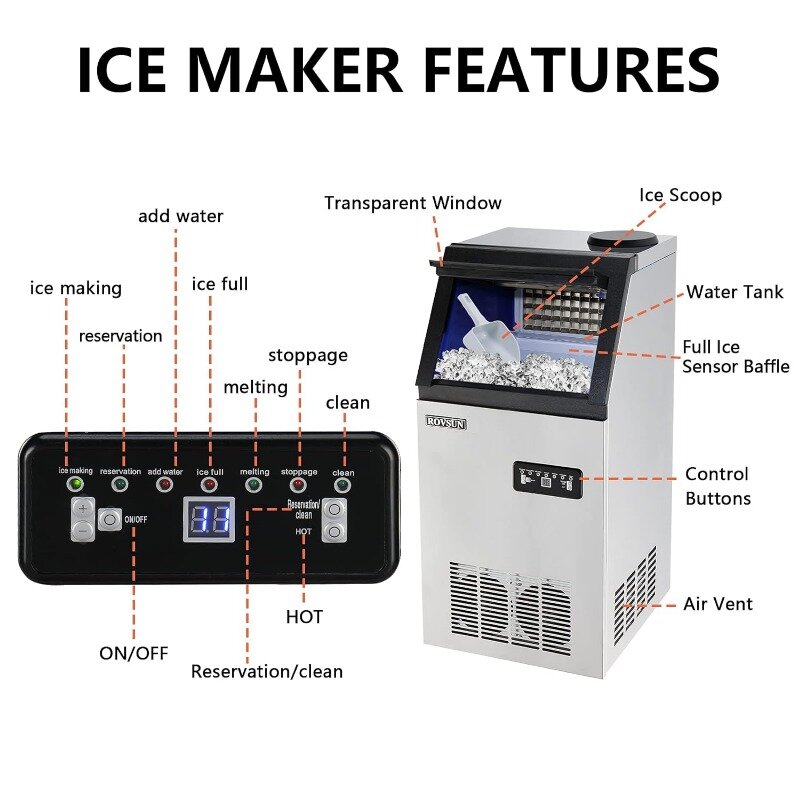 ROVSUN-Machine à glaçons commerciale, machine à glace autoportante, bac de stockage artériel, 2 entrées d'eau, 24H, 110lb, 24h