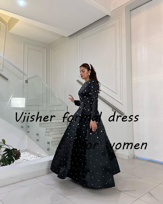 Black Satin A Line Evening Dresses Long Sleeve O Neck Beaded Luxury Formal Occasion Dress Ankle Length Prom Party Gowns