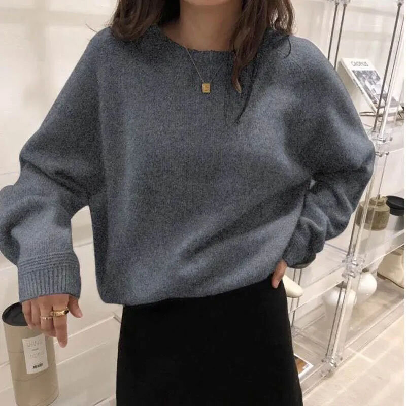 Fall Winter Thicken Warm Cashmere Sweater Women Harajuku Loose Basic O Neck Pullovers Solid Simple All Match Knitwear Jumpers