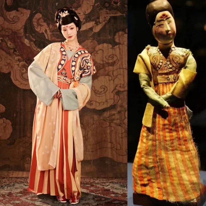 Niche setelan gaun kostum tokoh kayu tradisional Tiongkok, pakaian sutra Hanfu Tang Asta Xinjiang asli