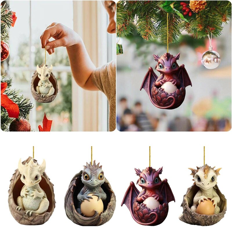 Dragon Baby Egg Ornament Christmas Tree Pendant Cute Cartoon Car Pendant Bag Keychain Decoration Acrylic Xmas Hanging Pendant