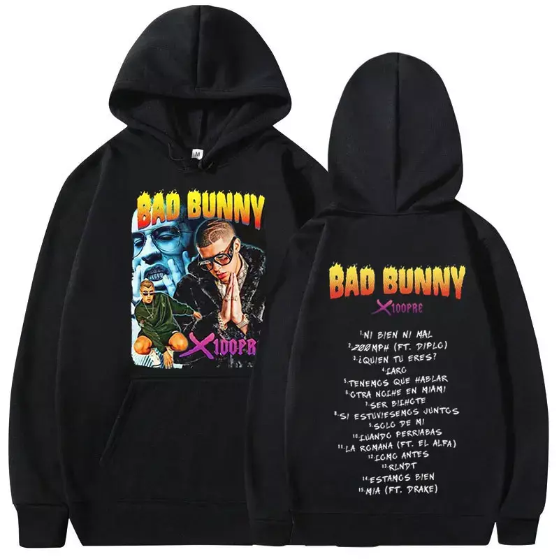 Capuz gráfico Rapper Bad Bunny para homens e mulheres, pulôveres grandes, moletons Harajuku, moda hip-hop, vintage, álbum de música X 100PRO
