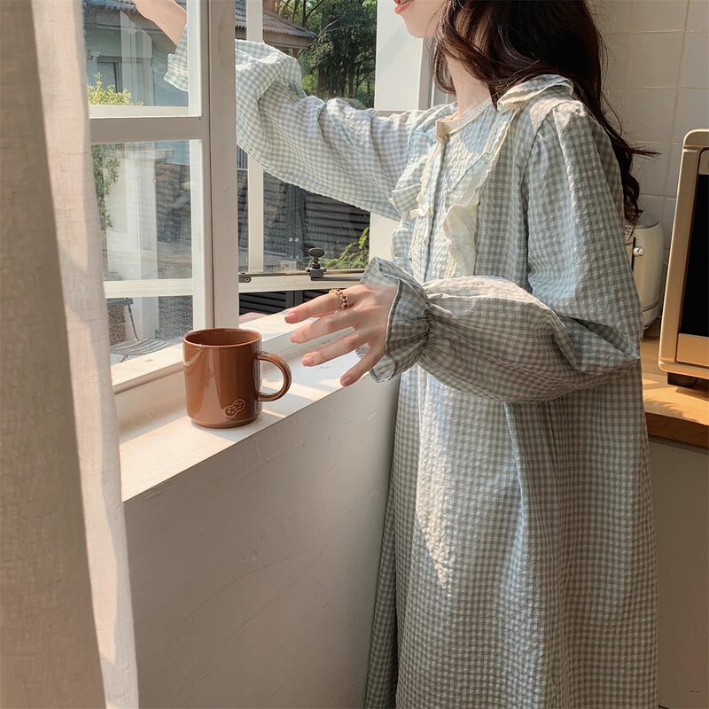 Lacework Kẻ Sọc Váy Ngủ Nữ Tay Dài Xù Phối Nơ Thu Mùa Xuân Ra Mặc Nhà Quần Áo Nữ Sleepdress Cotton S100