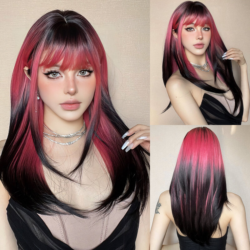 Wig lembut lapis lurus untuk wanita Ombre Wig panjang merah muda dengan poni Cosplay pesta sehari-hari menggunakan rambut sintetis alami tahan panas