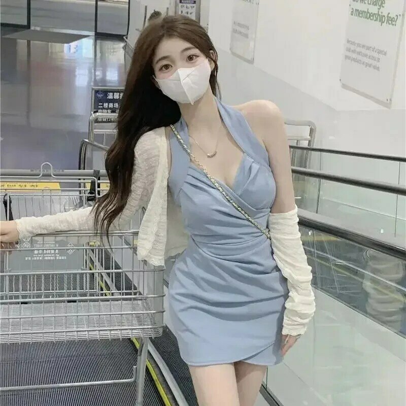 女性用サマーレース日焼け止めシャツ、セクシーなホルターミニドレス、新しい韓国の女性の白いトップス、シースドレスの衣装、2ピースセット、2024