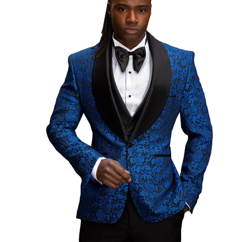 Floral Jacquard Men's Wedding Suit Shawl Lapel Tuxedos Slim Fit Groom Wear Evening Party 3 Pcs Jacket Pants Vest Custom Made