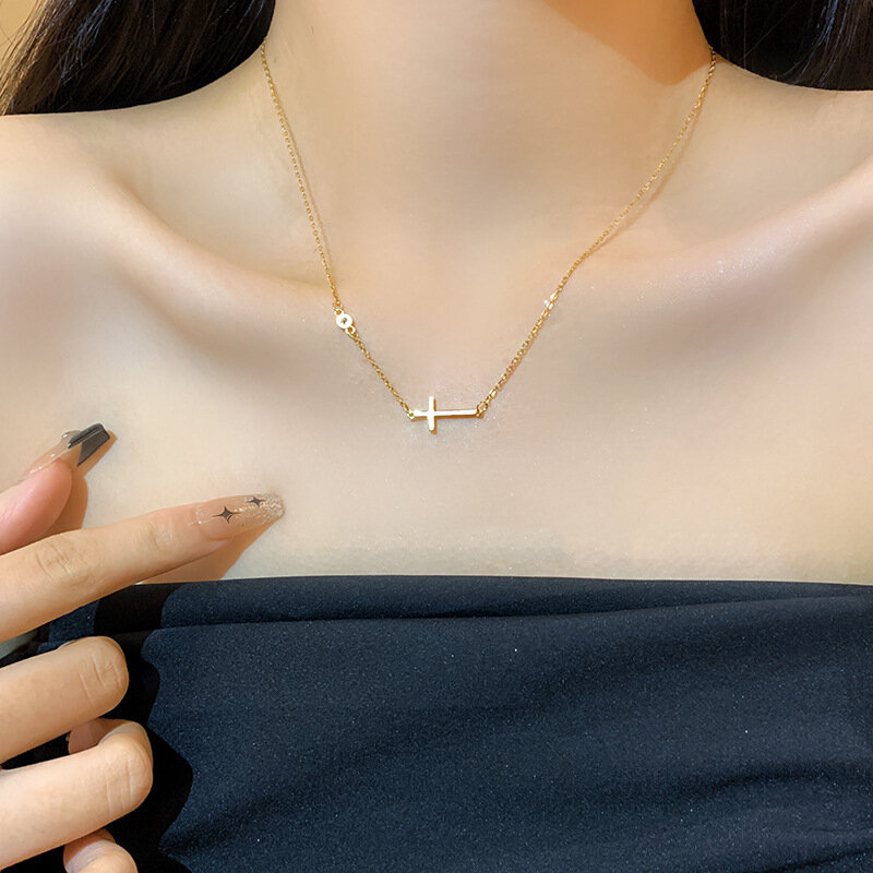 Exquisite Side Cross Pendant Necklace Gold Stainless Steel Choker Necklace Women's Christian Faith Jewelry