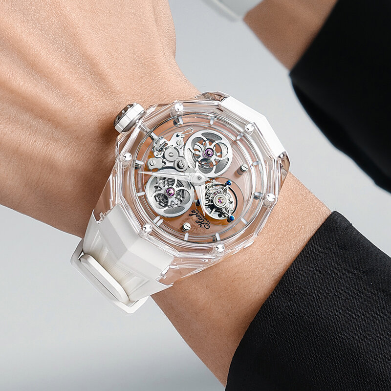 Haofa jam tangan Mekanikal transparan, jam tangan Tourbillon safir penuh kristal untuk pria, jam tangan Manual 2388