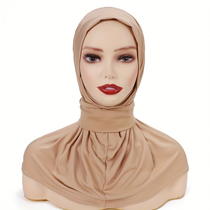 Syal kepala olahraga gaya warna polos, jilbab jepret sederhana elastis dengan tombol belakang dasi kasual tabir surya