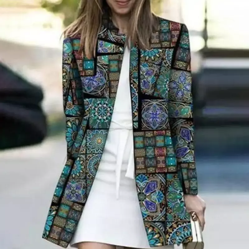Casaco retrô de ponto aberto grosso, casaco clássico, padrão estilo étnico, vestuário à prova de vento, outono e primavera