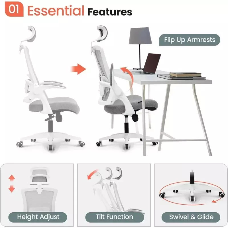 Back Headrest Adjustable Height and Home Office Computer Desk Lumbar Support Padded Flip-up Armrest Swivel Office Chair Grey