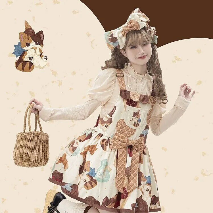 Vestido dulce Lolita Jsk Sling Muffin Cat Print Lolita, vestido de tirantes de cintura alta, lindo vestido suave para niña
