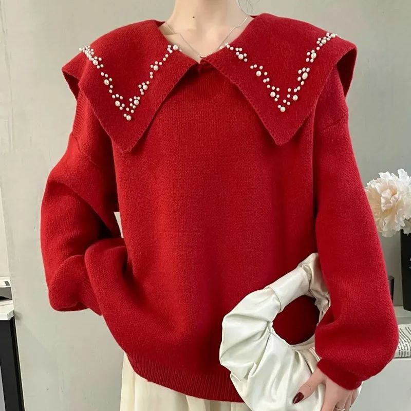 Hsa Sweater manik-manik wanita, kerah boneka merah musim gugur dan musim dingin baru longgar gaya Barat pullover merah manis