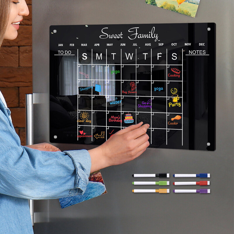 Placa magnética preta do memorando do acrílico, Etiqueta apagável do refrigerador, Placa semanal do memorando do plano, presentes do miúdo