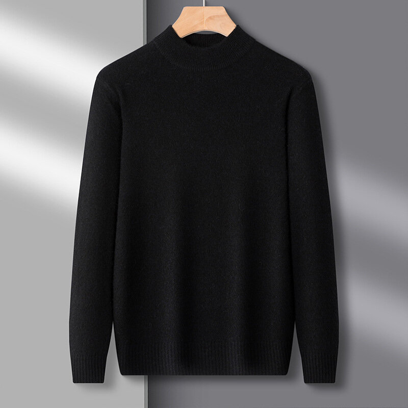 2023 Autumn Winter New Half Turtleneck Men's Wool Sweater Casual Solid Color Layered Warm Base Knit Shirt Top Pullover