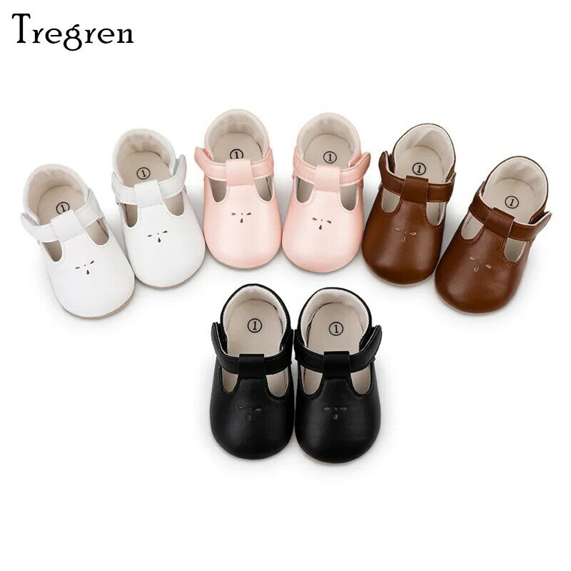 Tregren 0-18M Newborn Baby Girl Princess Shoes Infant Non-slip Flat PU Rubber Crib Shoes First Walkers