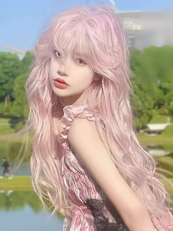 Różowe długie kręcone włosy duża fala Cos uniwersalna jasna dziewczyna Lolita Jk peruka na całą głowę
