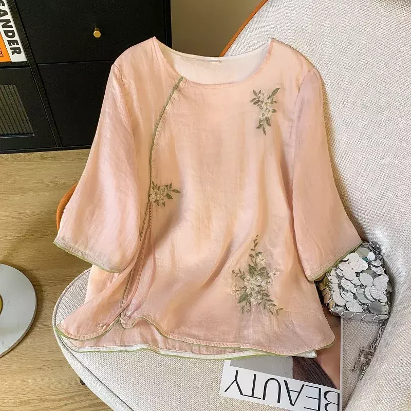 Bawełniana pościel koszula damska w stylu chińskim letni haft bluzki w stylu vintage luźny top damski odzież z okrągłym dekoltem