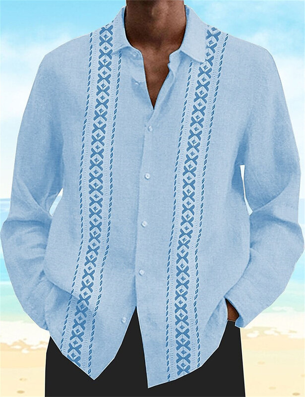 남성용 단색 3D 프린트 패치워크 단추 칼라 셔츠, 하와이 해변 휴가 레저 긴팔 의류, 여름 패션