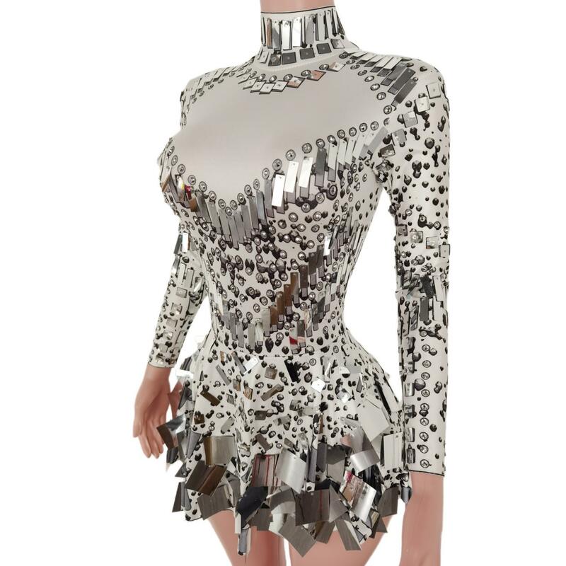 Shining Sequins Prom Dress Long Sleeves Slim One-piece Short Dress Women Birthday Party Celebrate Dress Singer Stage Wear