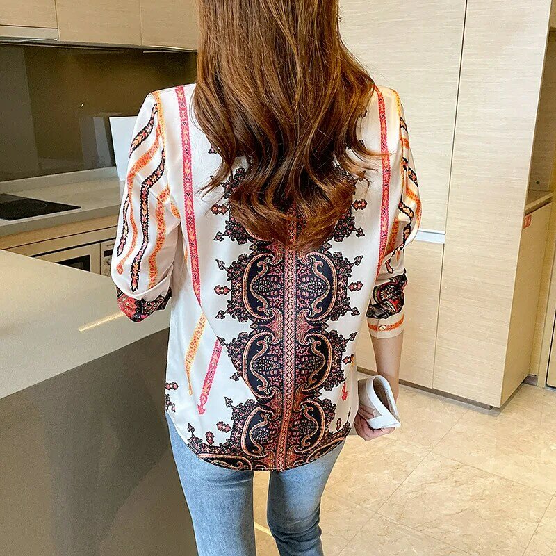 2023 New Bohemian Style Women's Long Sleeved Blouses Fashion Loose Striped Flower Lady's Chiffon Shirt Girl Student Top