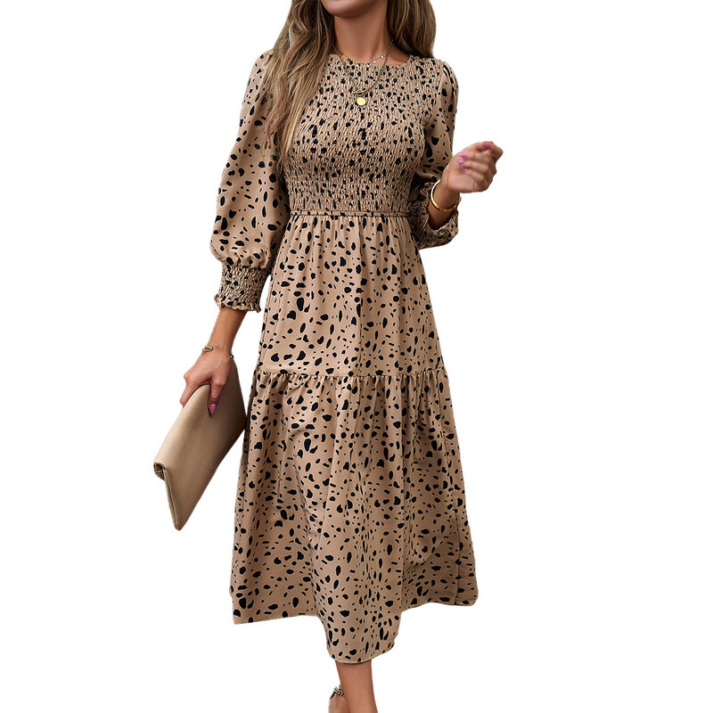 Женское винтажное платье с круглым вырезом, элегантное плиссированное платье с длинными рукавами, круглым вырезом и завязкой, 2024