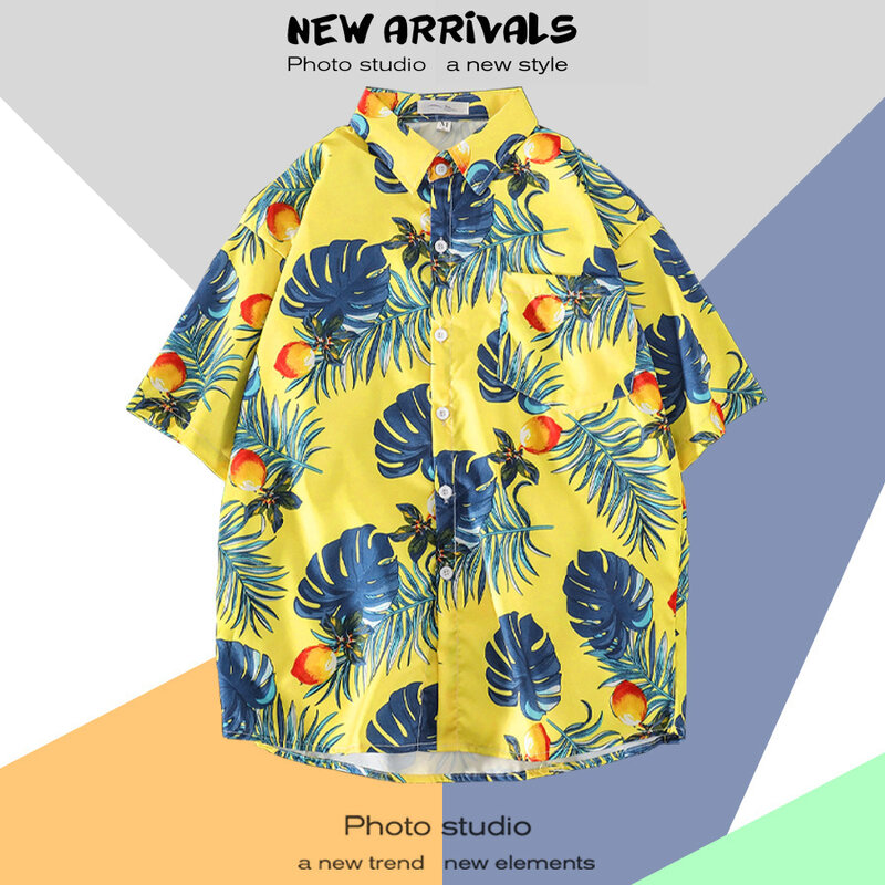 Mens Cartoon Print Button Up Shirt Summer New Hawaiian Beach Shirts Mens Loose Short Sleeve Floral Shirt Camisa Hawaiana Hombre
