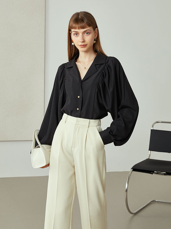 Wanita Kantor FSLE 2021 Kaus Sifon Satin Wanita Musim Gugur Baru Baju Musim Gugur Lengan Panjang Kaus Mode V-neck Longgar