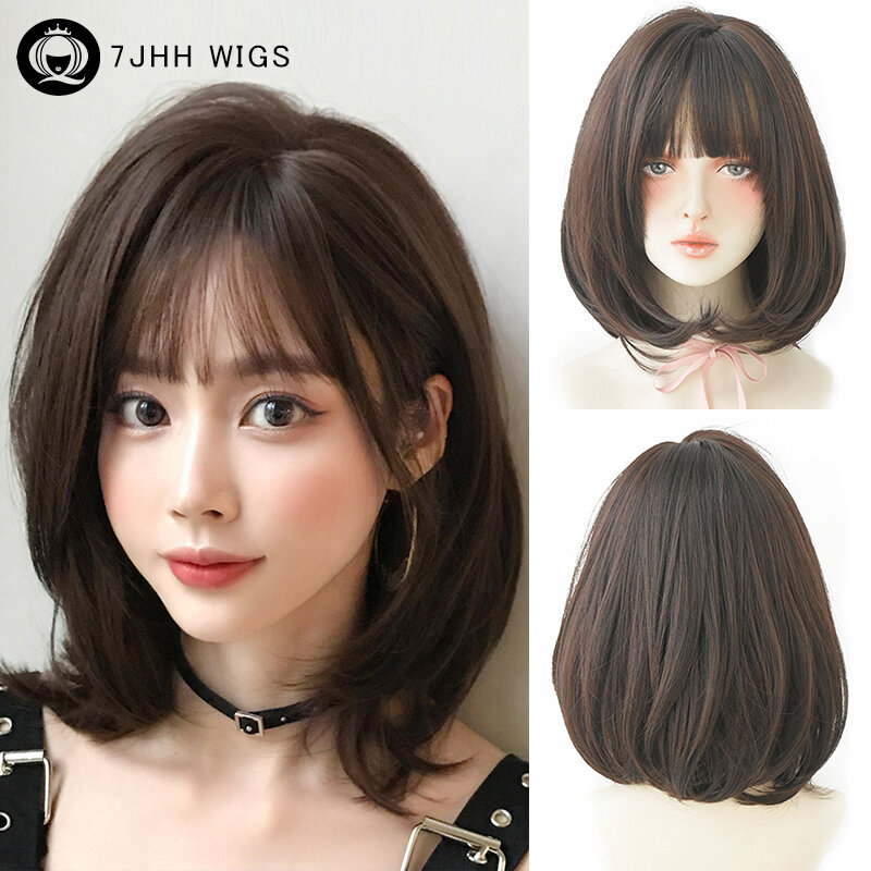 Wig 7JHH rambut palsu Bob pendek lurus kepadatan tinggi untuk wanita Wig rambut coklat berlapis sintetis Harian Wanita dengan poni tirai