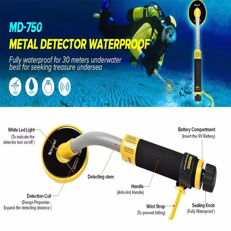 เครื่องตรวจจับโลหะใต้น้ำแบบ PI750เครื่องตรวจจับทางโบราณคดีสีทองและสีเงินแบบกันน้ำนักล่าสมบัติหน้าจอ LED