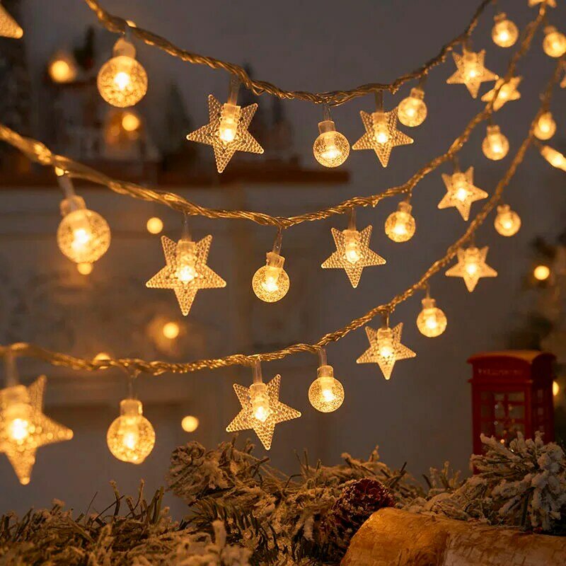 Luci natalizie 1.5M-50M Snowflake Star LED Fairy String Garland Battery/USB Outdoor per Tree Holiday 2024 decorazione di capodanno
