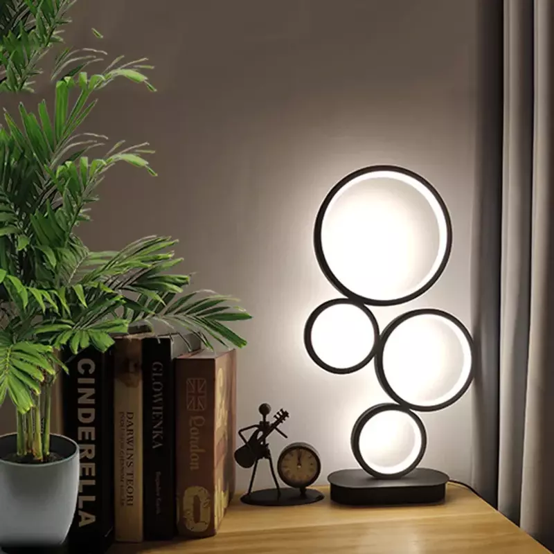Modern Dimmable LED Eye Protection Table Lamp, Sala de estar, Decoração, Redondo, Quatro Círculos, Quarto, Luz de Cabeceira, Design exclusivo