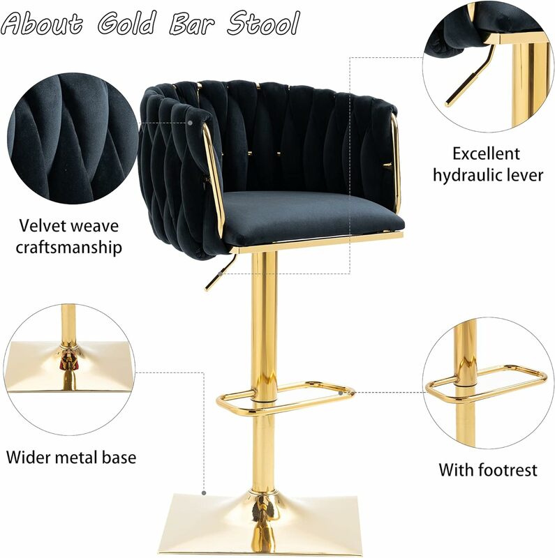 เก้าอี้บาร์เก้าอี้สตูลผ้ากำมะหยี่บาร์สตูลหมุนปรับความสูงได้พร้อมหลังต่ำและฐานทองสำหรับห้องครัวเกาะ