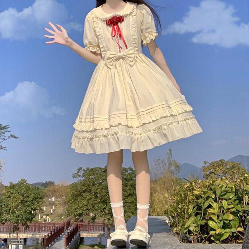 Słodka Lolita sukienka z krótkim rękawem kobiety z marszczonymi elegancka z bufkami rękawami kokardka letnia sukienki w stylu lolity dziewczyny Kawaii księżniczki na imprezę