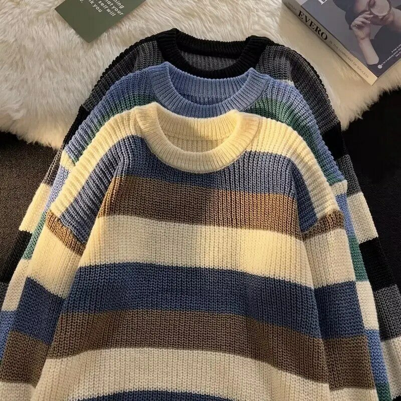Round-neck Bottomed Sweater Men's Striped Sweater Men's Loose Autumn and Winter New Down Sweater Trend Warm Casual