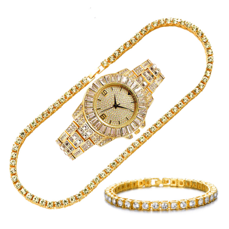Chaîne de Tennis Hip Hop pour femmes et hommes, KIT de 3 pièces de 5MM, collier de montre, Bracelet scintillant en cristal glacé, chaînes de strass de Tennis pour femmes et hommes