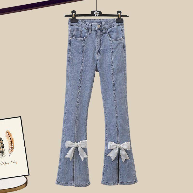 Large Women's Summer Set 2024 New Age Reducing Spliced Stripe Shirt Bow Jeans Two Piece Set for Woman