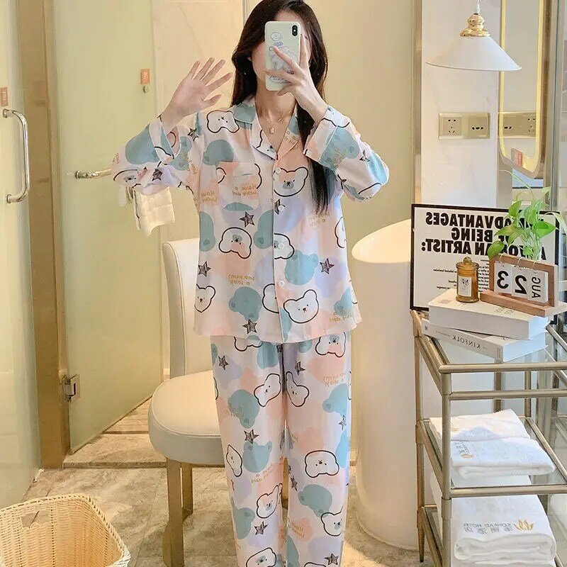 2024 New Women Cardigan Cotton Thin Sleepwear Spring Autumn Female Sweet Long Sleeve Home Wear Suit Casual Loose Pajamas Set