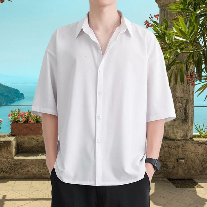 Camisa casual elegante masculina com gola virada para baixo, design de peito único, tecido macio e respirável, verão, quente