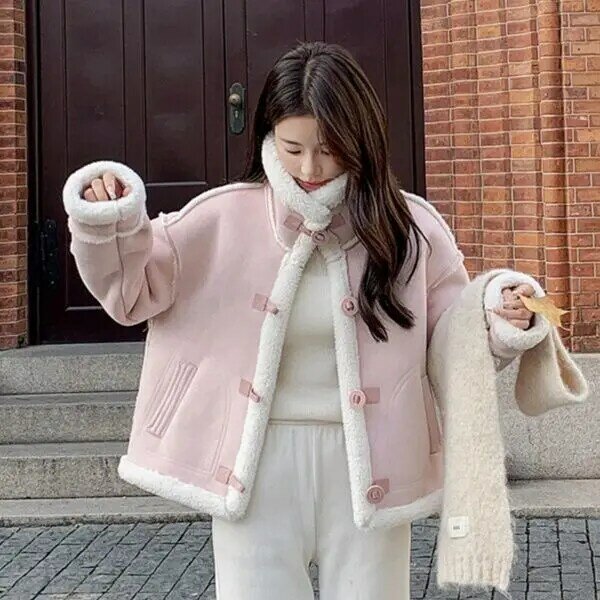Mantel wol domba kerah berdiri populer untuk wanita jaket bulu longgar tebal baru Korea hangat tahan angin musim dingin