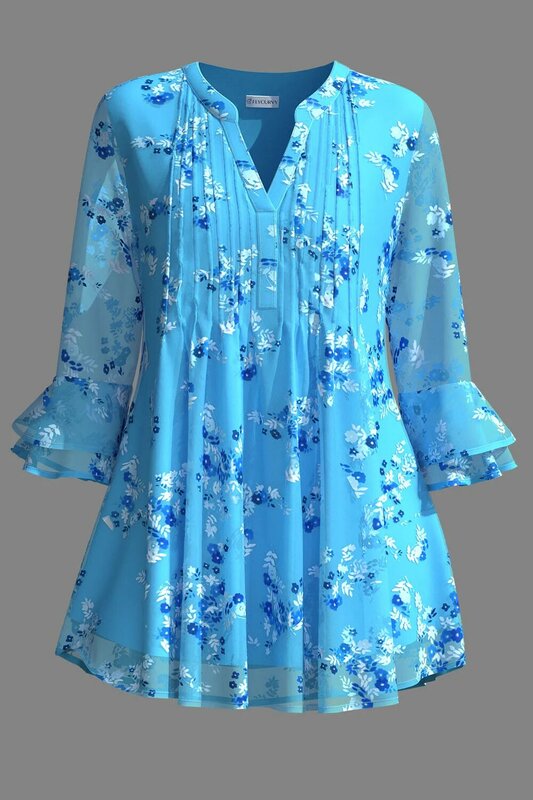 Flycurvy-Chemisier habillé en mousseline de soie, grande taille, bleu, imprimé floral plissé, double couche, manchette à volants, manches 3/4