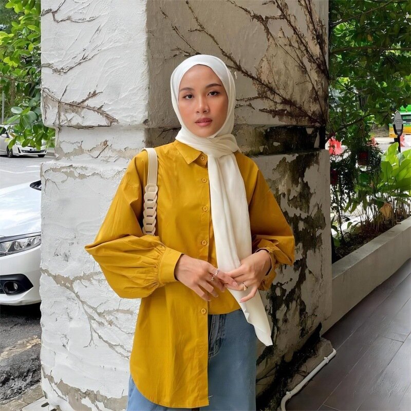Women Muslim Blouse Vintage Abayas Turn Down Collar Long Sleeve Solid Single Breasted Loose Shirt Casual Islamic Clothing Abaya