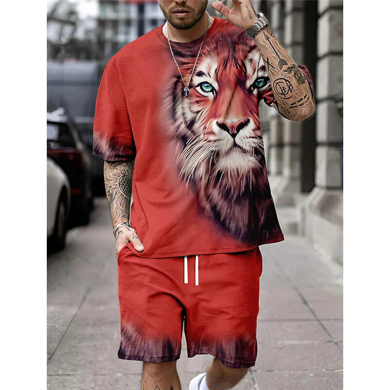 Summer Fashion Animal Print Men's T-Shirt Set O-Neck Short-Sleeved Top And Shorts Everyday Street Commuter Casual Wear For Men